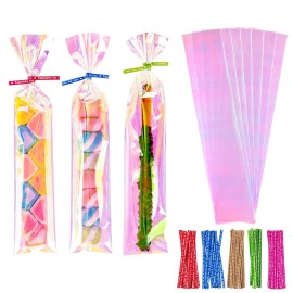 Cherodada 2x10 Inch Iridescent Cellophane Bags, with Twist Ties, Treat Bags for Candy Cookie Goodie Chocolates, And Popcorn