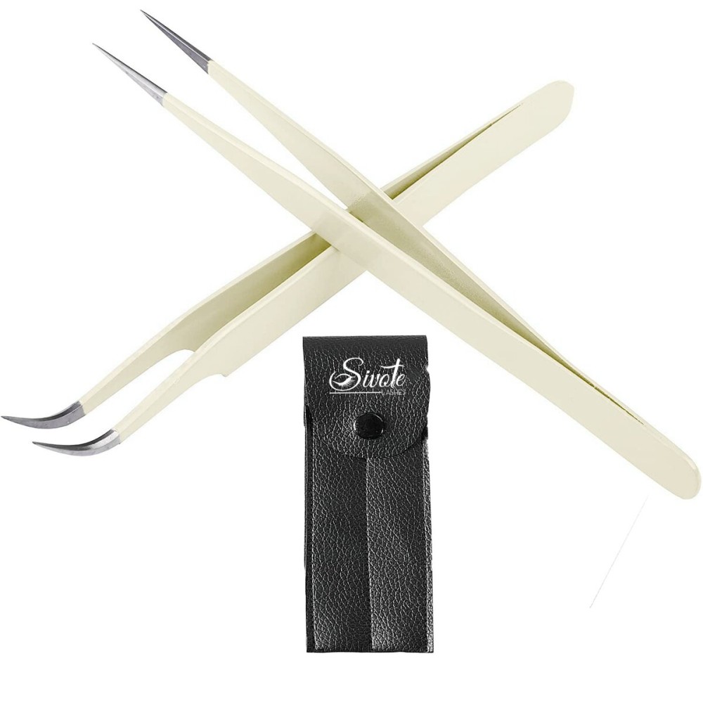 SIVOTE Lash Tweezers for Eyelash Extensions, Hand Calibrated Straight & Curved Tip, Pack of 2, Vanilla