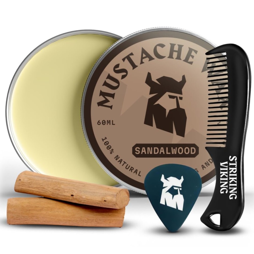 Striking Viking Mustache Wax for Men with Comb - 2 oz, Sandalwood - Strong Hold Wax with Anti-Static Mustache Comb for Precise Grooming - Non-Greasy Formula for Easy Beard Care