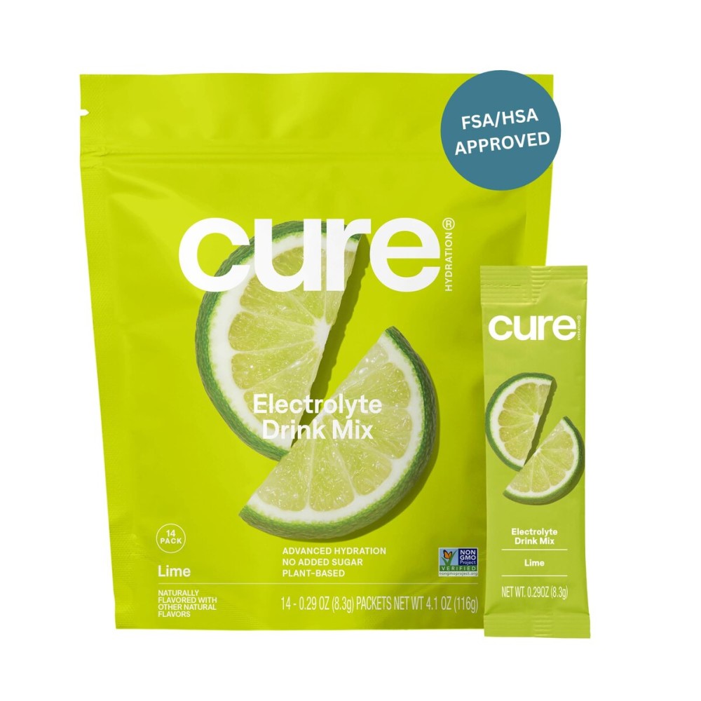 Cure Hydration | Plant-Based Electrolyte Drink Mix | No Added Sugar | FSA-HSA | Dehydration Relief Powder Made with Coconut Water | Non-GMO | Vegan | Pouch of 14 Packets - Lime