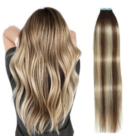 SUYYA Tape in Hair Extensions Human Hair Balayage Chocolate Brown to Bleach Blonde and Chestnut Brown 40g/pack 20pcs Straight Seamless Skin Weft Tape in Human Hair Extensions(12inch P6/613/T4)