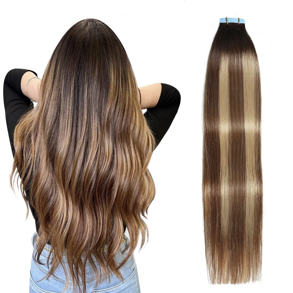 SUYYA Tape in Hair Extensions Human Hair Balayage Darkest Brown to Chestnut Brown and Light Blonde 14In 40g/pack 20pcs Straight Seamless Skin Weft Tape in Real Human Hair Extensions(14inch P6/16/T2)