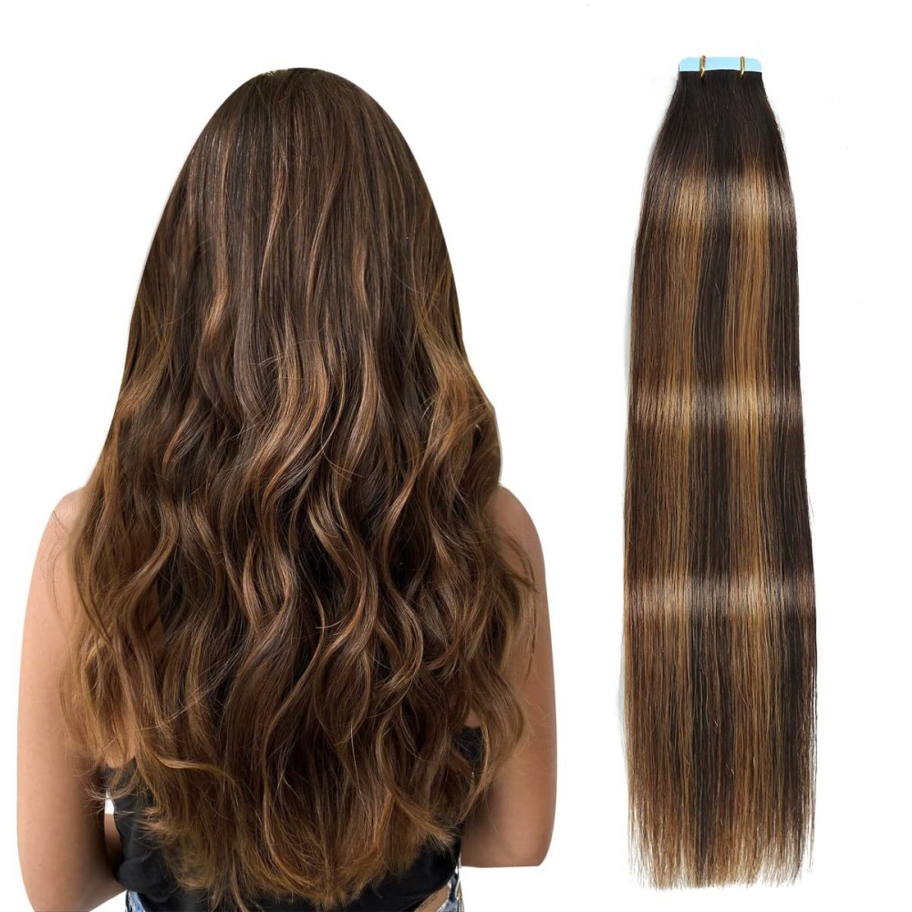 SUYYA Tape in Hair Extensions Human Hair Balayage Darkest Brown to Light Brown 14 Inch 40g/pack 20pcs Straight Seamless Skin Weft Tape in Real Human Hair Extensions(14inch P2/8/T2)