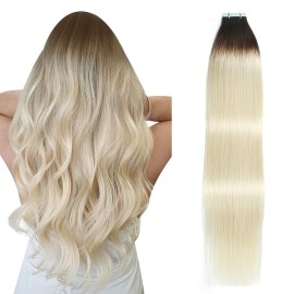 SUYYA Tape in Hair Extensions Human Hair Ombre Darkest Brown to Platinum Blonde 12 Inch 40g/pack 20pcs Straight Seamless Skin Weft Tape in Real Human Hair Extensions(12inch T2/60)