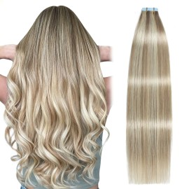 SUYYA Tape in Hair Extensions Human Hair Ash Blonde Highlighted Bleach Blonde 12 Inch 40g/pack 20pcs Straight Seamless Skin Weft Tape in Real Human Hair Extensions(12inch P18/613)