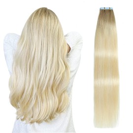 SUYYA Tape in Hair Extensions Human Hair Balayage Ash Blonde to Medium Blonde and Platinum Blonde 12 Inch 40g/pack 20pcs Straight Seamless Skin Weft Tape in Extensions(12inch P22/60/T18)