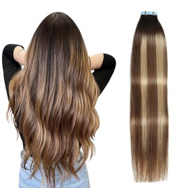 SUYYA Tape in Hair Extensions Human Hair Balayage Darkest Brown to Chestnut Brown and Light Blonde 12 Inch 40g/pack 20pcs Straight Seamless Skin Weft Tape in Extensions(12inch P6/16/T2)