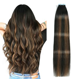 SUYYA Tape in Hair Extensions Human Hair Balayage Natural Black to Chestnut Brown 12 Inch 40g/pack 20pcs Straight Seamless Skin Weft Tape in Real Human Hair Extensions(12inch P1B/6/T1B)