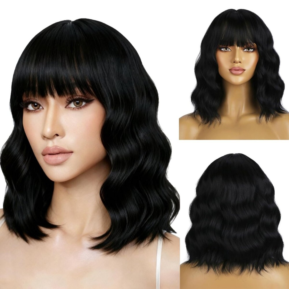 BERON 14 Inches Black Wigs with Bangs for Women Short Curly Wig Black Bob Wig for Girl Natural Looking Wavy Wigs