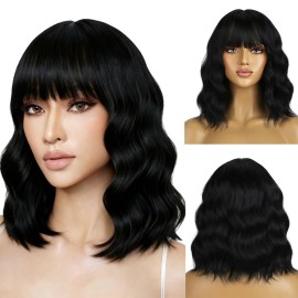 BERON 14 Inches Black Wigs with Bangs for Women Short Curly Wig Black Bob Wig for Girl Natural Looking Wavy Wigs