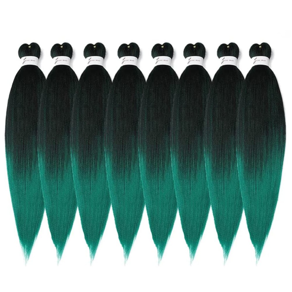 Pre-Stretched Braiding Hair, 14 inch Braiding Hair 8 Packs Ombre Black to Green Professional Soft Yaki Texture, No Itch, Hot Water Setting Hair Extensions for Braids (14in,1B/Green)