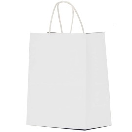 Qutuus White Paper Bags with Handles Bulk 100Pcs 8x4.5x10 White Gift Bags, Recyclable Kraft Paper Bags, Medium Paper Gift Bags for Shopping, Party Favor, Retail, Wedding