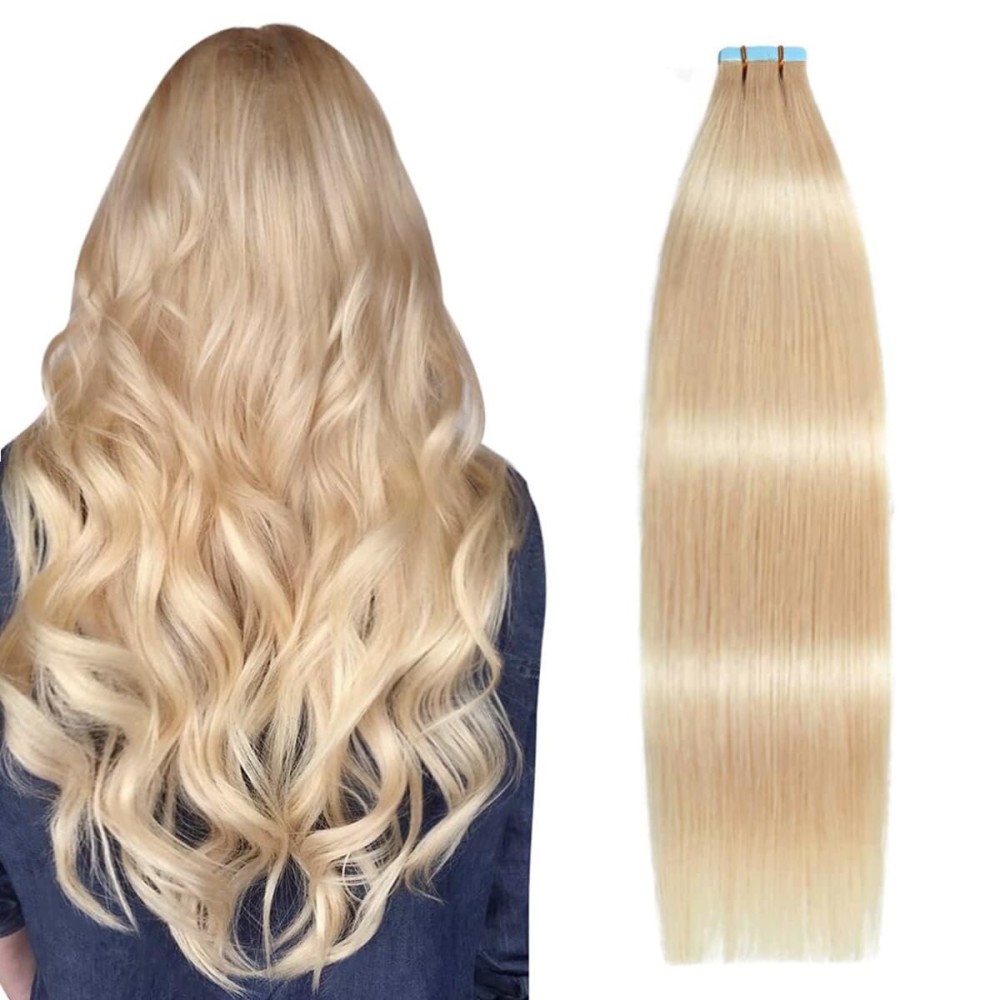 SUYYA Tape in Hair Extensions Human Hair 40g/pack 20pcs Straight Seamless Skin Weft Tape in Real Human Hair Extensions(14inch 16 Light Blonde)