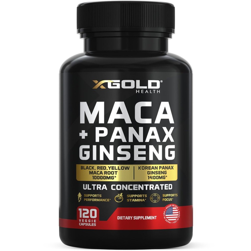Maca Root Capsules 10,000mg + Korean Panax Ginseng 1,400mg - 20x Concentrated Extract Black + Red + Yellow Maca Root, 10x Concentrated Extract Panax Ginseng Capsules - Ultra Potent & Highly Purified
