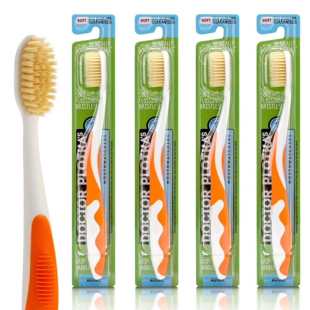 MOUTHWATCHERS Soft Flossing Toothbrushes, Value Pack of 4, Orange, Manual Toothbrush for Adults, Ultra Clean, Good for Sensitive Teeth and Gums, by Dr. Plotka\'s