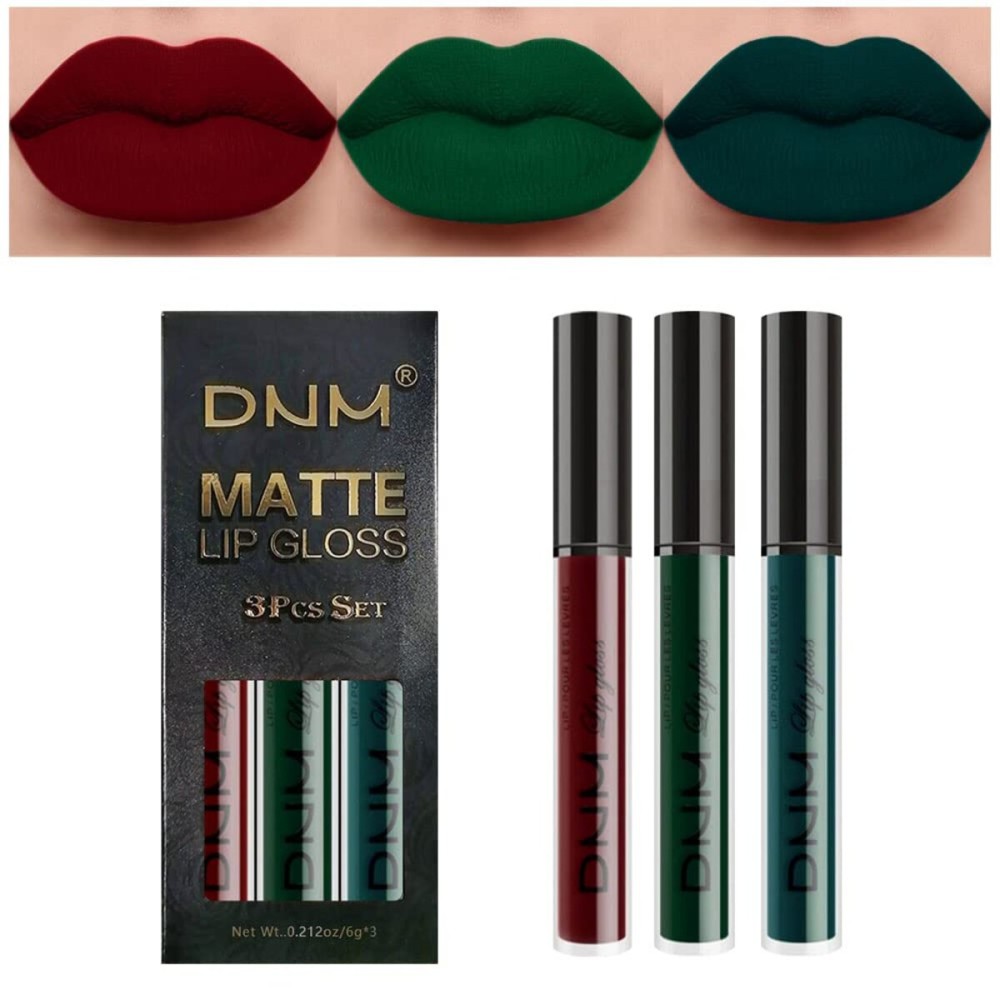AMY\'S DIARY 3Pcs Dark Red Green Matte Liquid Lipstick Sets,Matte Lipstick Lip Stain Long Lasting 24 Waterproof Lip Gloss Gift Set Matt Liquid Makeup Lipstick for Women