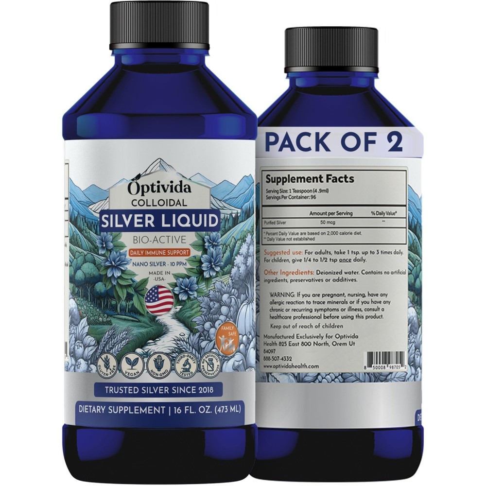 Optivida Health Immune Support Colloidal Silver Liquid 10 Ppm - Premium Nano Silver Supplement for Daily Wellness, Natural Silver Hydrosol for Adults & Kids, Non-GMO, Gluten-Free (2 Pack)