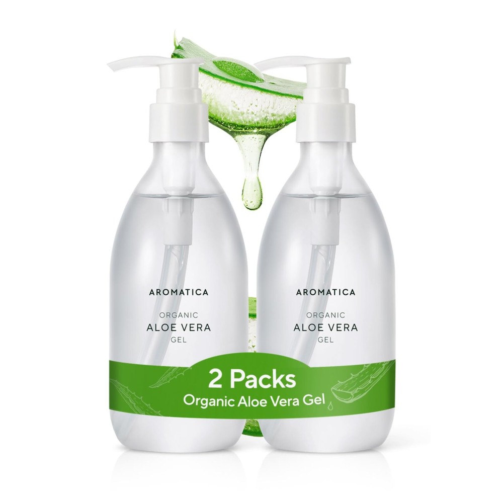 AROMATICA Organic Aloe Vera Gel (2 packs), After Sun Care and Sunburn Relief with Pure Aloe Vera Gel Face&Hair, Sun Burn Moisturizer EWG Verified (10.14oz/300ml)