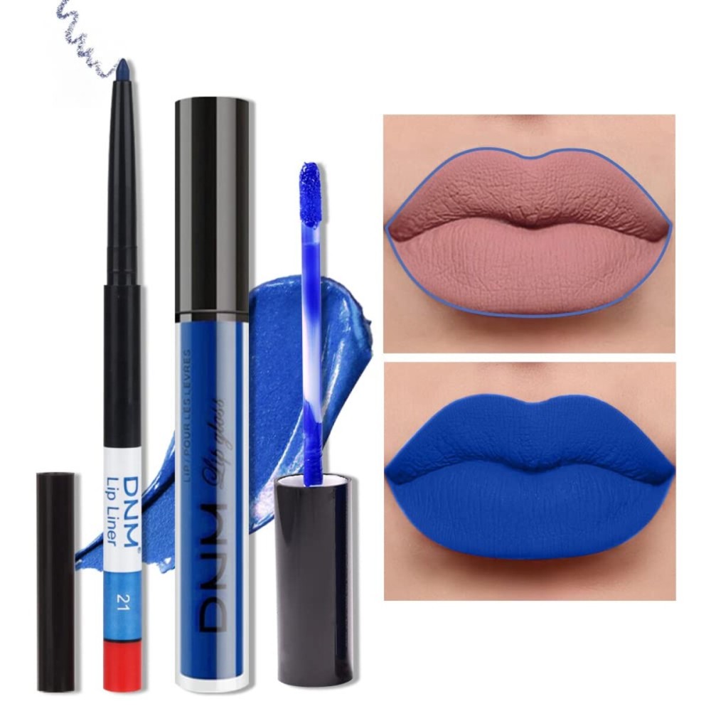 evpct 2Pcs Royal Light Blue Matte Liquid Lipstick and Lip Liner Pencil Makeup Set Blue Lipstick 24H and with Lip Liner Set Waterproof Long Lasting labiales mate 24 horas originales 21