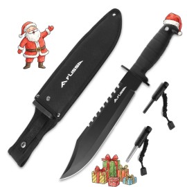 FLISSA Survival Hunting Knife with Sheath, 15-inch Full Tang Fixed Blade Tactical Bowie Knife with Sharpener & Fire Starter for Camping, Outdoor, Bushcraft