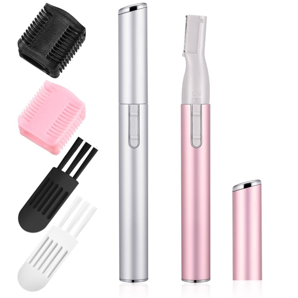 Chumia 2 Pcs Electric Eyebrow Trimmer Women Precision Face Razors Mini Shaver with Comb Christmas Women Gift Battery Operated Personal Epilator for Face Neck Fuzz Lips Leg(Pink, Silver)