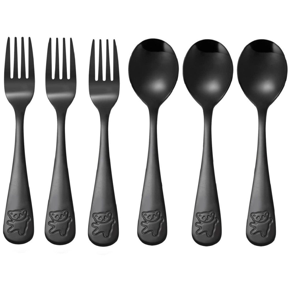 Pimoys 6 Pieces Kids Silverware Stainless Steel Toddler and Child Utensils, Childrens Safe Forks and Spoons Metal Cutlery Set, Engraved Bear, Black