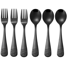Pimoys 6 Pieces Kids Silverware Stainless Steel Toddler and Child Utensils, Childrens Safe Forks and Spoons Metal Cutlery Set, Engraved Bear, Black