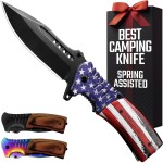 Spring Assisted Patriotic American USA Flag Knife - 3.66 Sharp Blade - Folding Pocket Knives with Glass Breaker & Pocket Clip - for Men Women Hunting Camping Military Survival Hiking Work EDC 0207 F