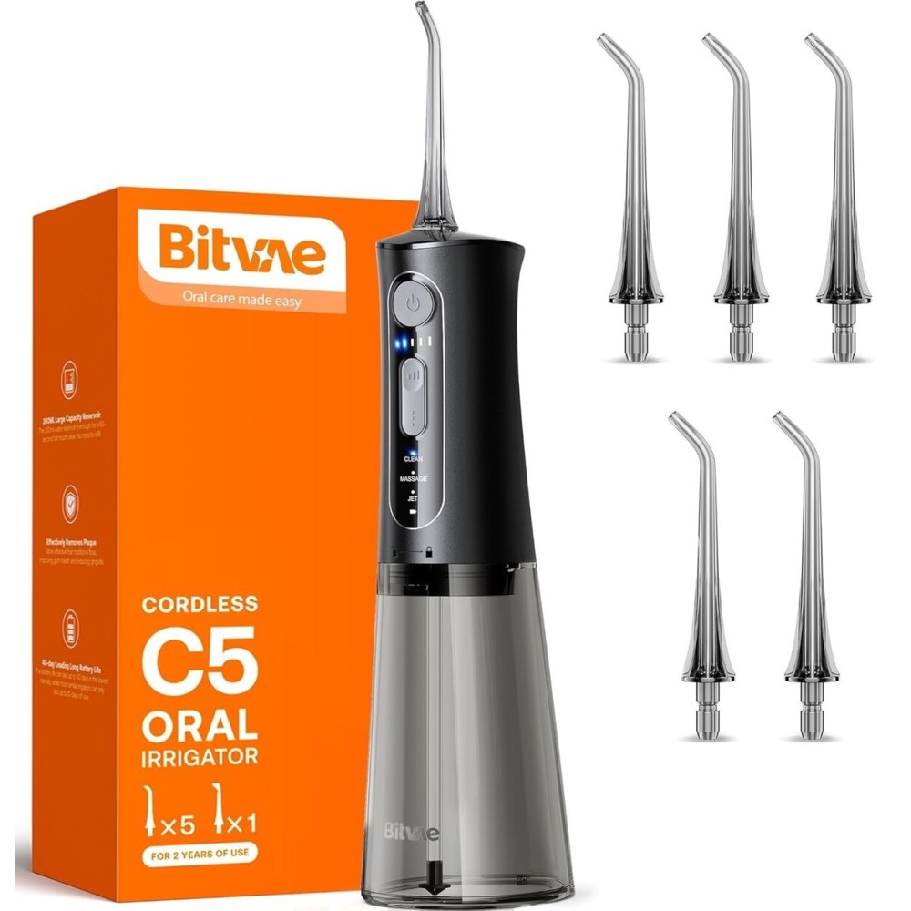 Bitvae Water Dental Flosser for Teeth, Cordless Water Teeth Cleaner Picks, 3 Modes 5 Intensities, IPX7 Waterproof, Rechargeable Water Dental Picks for Cleaning - Black