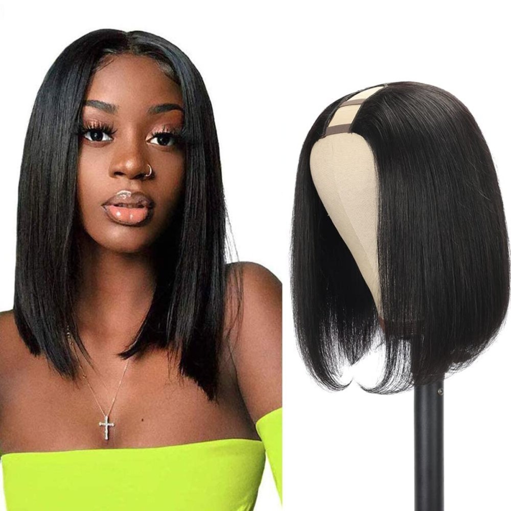 Amella Hair 8inch U Part Bob Wig Human Hair Short Straight U Part Human Hair Wig Glueless Full Head Clip in Half U Shape 150% Density Bob Straight