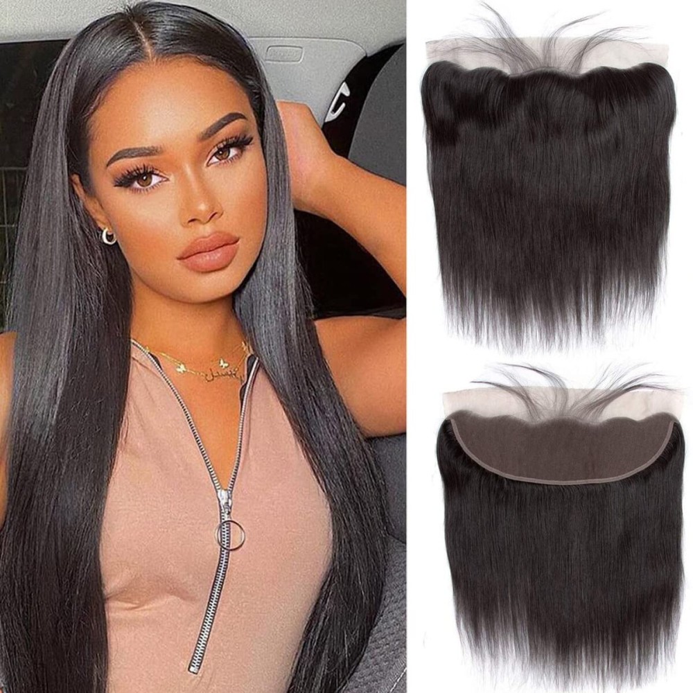 Frontal Hd Lace Straight Closure 13x4 Ear to Ear Free Part Straight Frontal Pre Plucked 12A Grade Human Hair 13x4 Full Lace Closure With Baby Hair Natural Black Color(12inch)