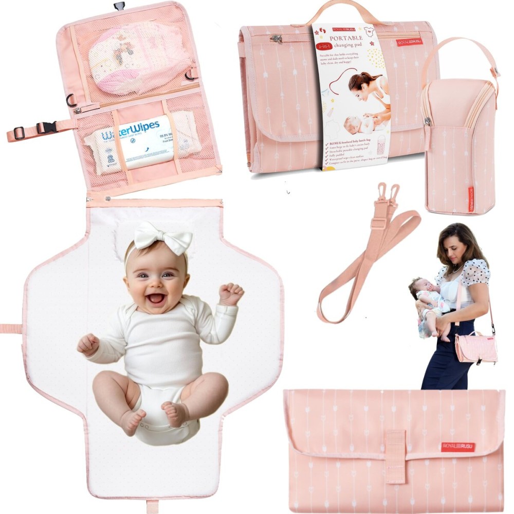 Premium Portable Diaper Changing Pad - CPC Certified Waterproof 2-in-1 Diaper Clutch & Changing Mat with Head Cushion - Bonus Insulated Bottle Bag - Travel Kit Gift for Baby Girls & Boys (Peach)