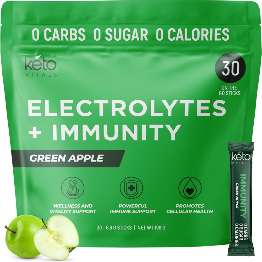 Keto Vitals Immunity Sugar Free Electrolytes Powder with Vitamin C, Ginger, Turmeric, & Elderberry - Boost Your Immune System and Rehydrate Your Body - Green Apple Flavor, 30 Count