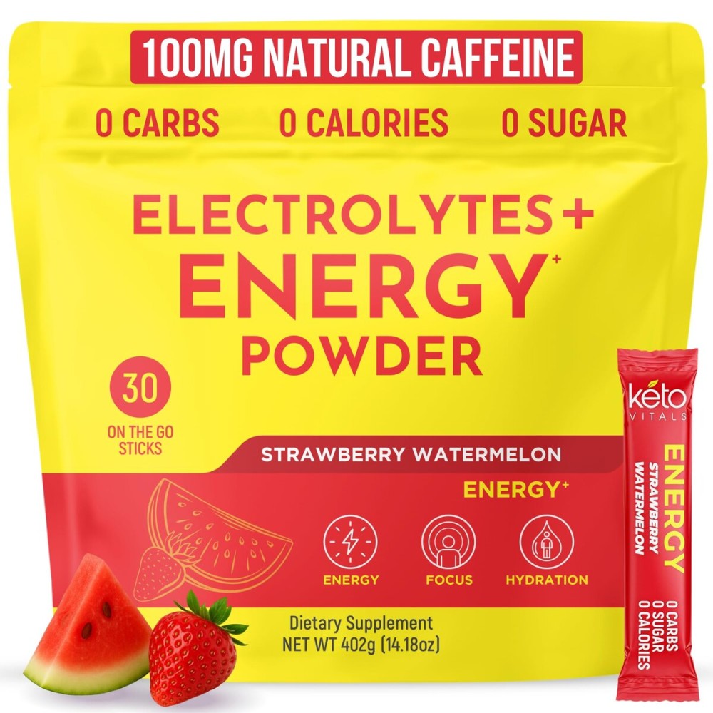 Keto Vitals Electrolyte Energy Drink Powder Packets - Electrolyte Supplement with 100mg Natural Caffeine, L Theanine & Organic Lion\'s Mane Extract - Strawberry Watermelon Keto Powder Packets, 30 Count