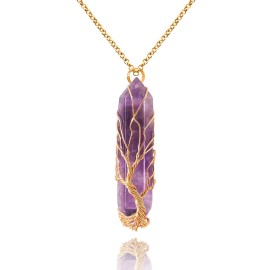 VIBILIA Healing Crystal Necklace Tree of Life Wire Wrapped Natural Amethyst Stone Point Pendant Necklace Hexagonal Reiki Spiritual Quartz Gemstone Jewelry for Women Men
