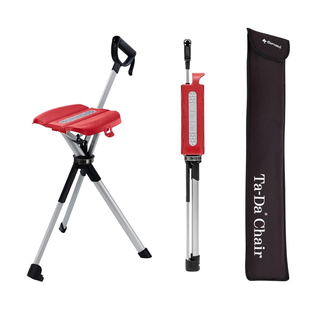 STEP2GOLD Ta-Da Chair Series 2- Portable Walking Stick, Cane with Seat, Foldable Chair, Hiking Stick, for Camping, Hiking, Lightweight Aluminum, Easy Carry, Anti-Slip (36.2/Red)