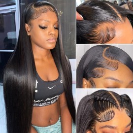 Iris Queen 12A Straight HD Transparent Lace Front Wigs Human Hair Pre Plucked 180 Density Virgin Human Hair 13x4 Full Lace Frontal Wigs for Black Women Natural Black(24 inch)