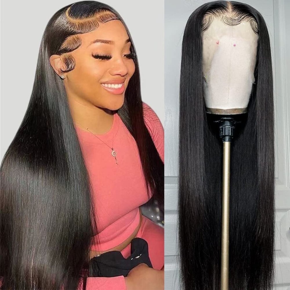 Iris Queen 13x4 HD Straight Lace Front Wigs Human Hair Pre Plucked 12A 180 Density Brazilian Transparent Lace Frontal Wig for Black Women with Baby Hair Natural Black Color (20 inch)