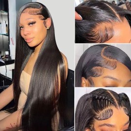 Iris Queen 12A 13x4 Straight HD Lace Front Human Hair Wigs Pre Plucked 180 Density Brazilian Virgin Human Hair Transparent Lace Frontal Wigs for Black Women Natural Black Color(22 inch)