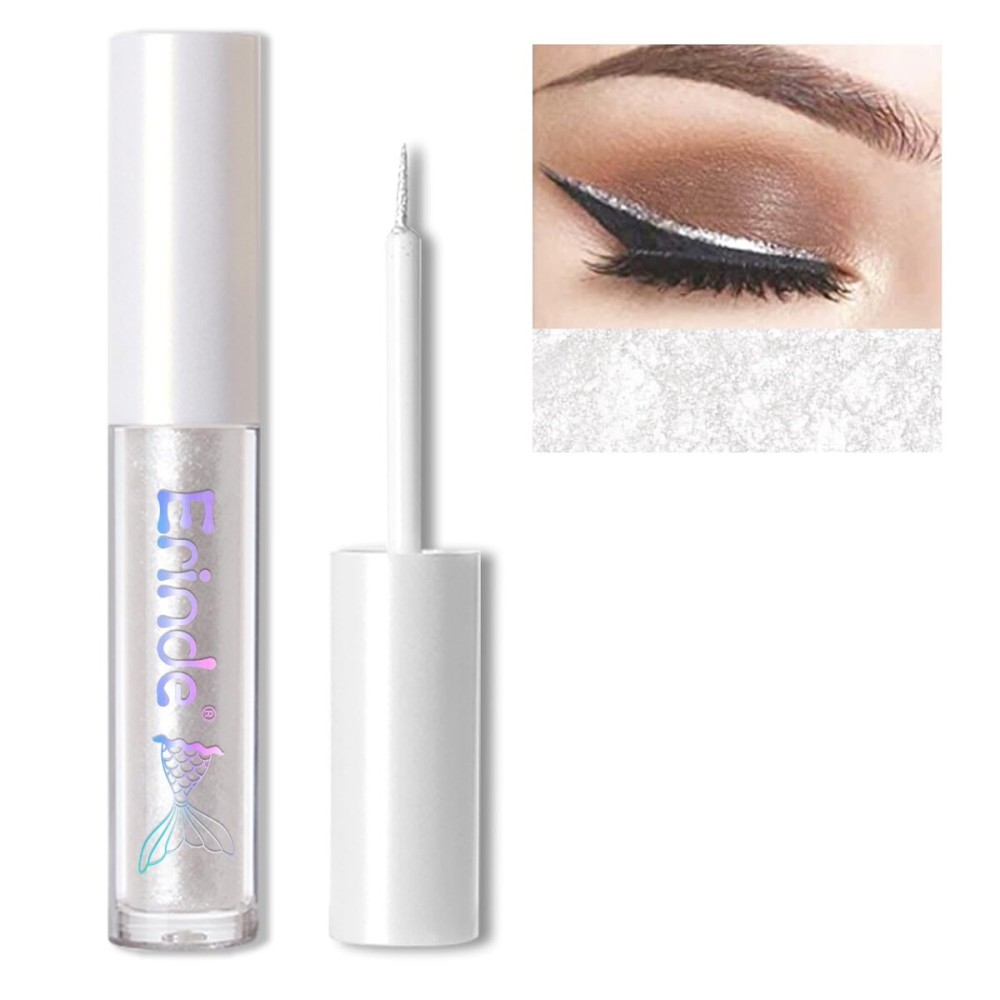 Erinde Liquid Glitter Eyeshadow Eyeliner, Metallic Shimmer Glitter Eyeshadow Liner, High Pigment Colored Eyeliner, Waterproof Long Lasting Sparkle Christmas Eye Makeup for Women, Pearl White