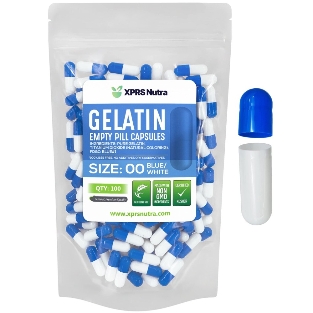 XPRS Nutra Size 00 Empty Capsules - 100 Count Empty Gelatin Capsules - Pills DIY Capsule Filling - Fillable Pill Gel Caps for Supplements (Blue/White)