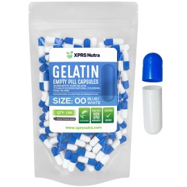 XPRS Nutra Size 00 Empty Capsules - 100 Count Empty Gelatin Capsules - Pills DIY Capsule Filling - Fillable Pill Gel Caps for Supplements (Blue/White)