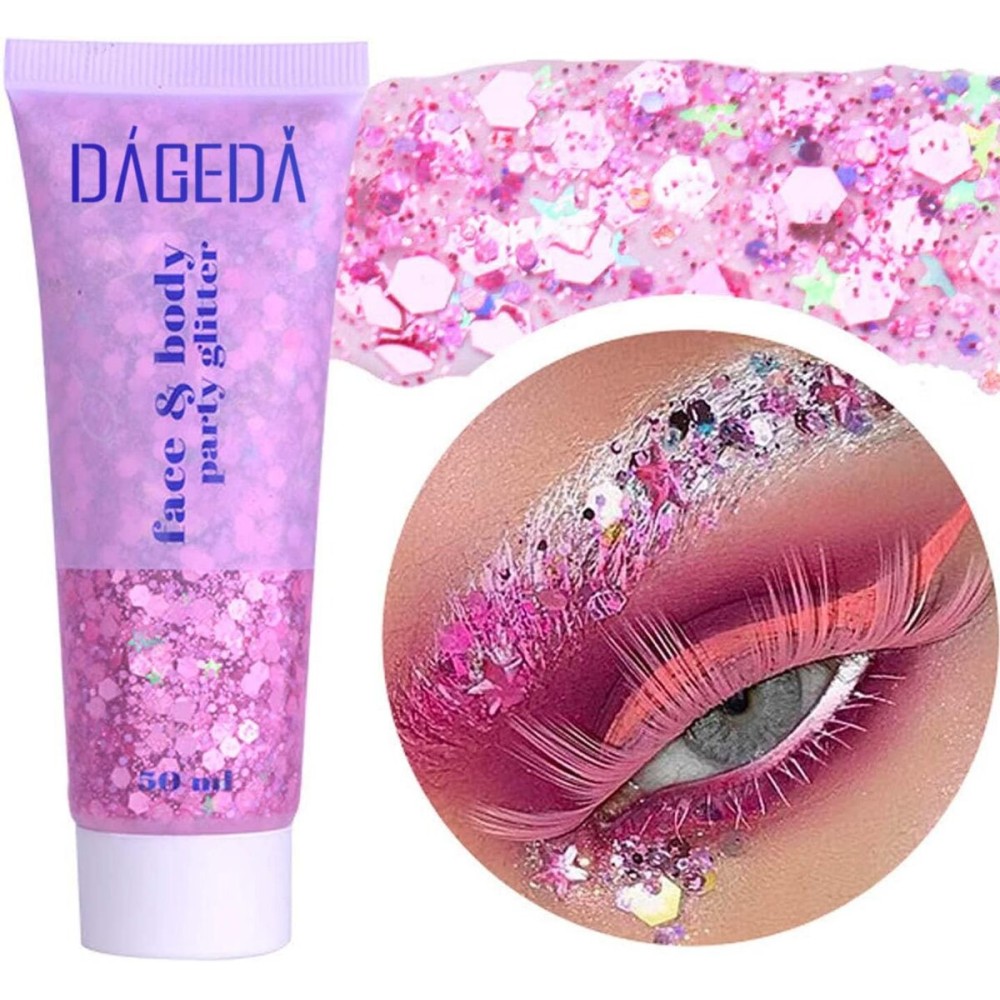 DAGEDA Body Glitter Gel, Face Glitters Body Gel Sequins Shimmer Liquid Eyeshadow, Chunky Glitter for Face Hair Nails, Holographic Cosmetic Laser Powder Festival Makeup 50ml(Pink)