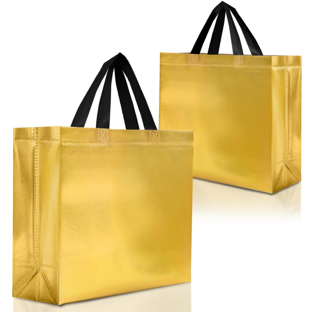 Nush Nush Gold Gift Bags Large Size - Set of 12 Reusable Gold Large Gift Bags with Handles- Perfect Goodie Bag for Christmas Gifts, Thanksgiving, Birthday Party Favors, Bridal Shower - 13Wx5Dx11H