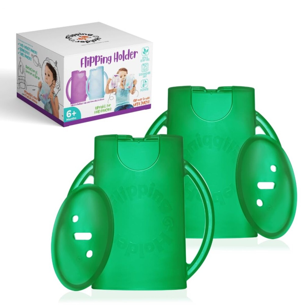 Flipping Holder Squeeze Proof Food Pouch Holder for Toddlers, Babies, Kids, Mess Free No Squeeze Juice Box Drink and Applesauce Snack Holder with Easy Grip Handles and Lid