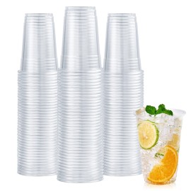 Turbo Bee 100 Pack 16 OZ Clear Plastic Cups, Disposable Crystal Plastic Party Cups for Iced Coffee, Smoothie, Slurpee, or Any Cold Drinks