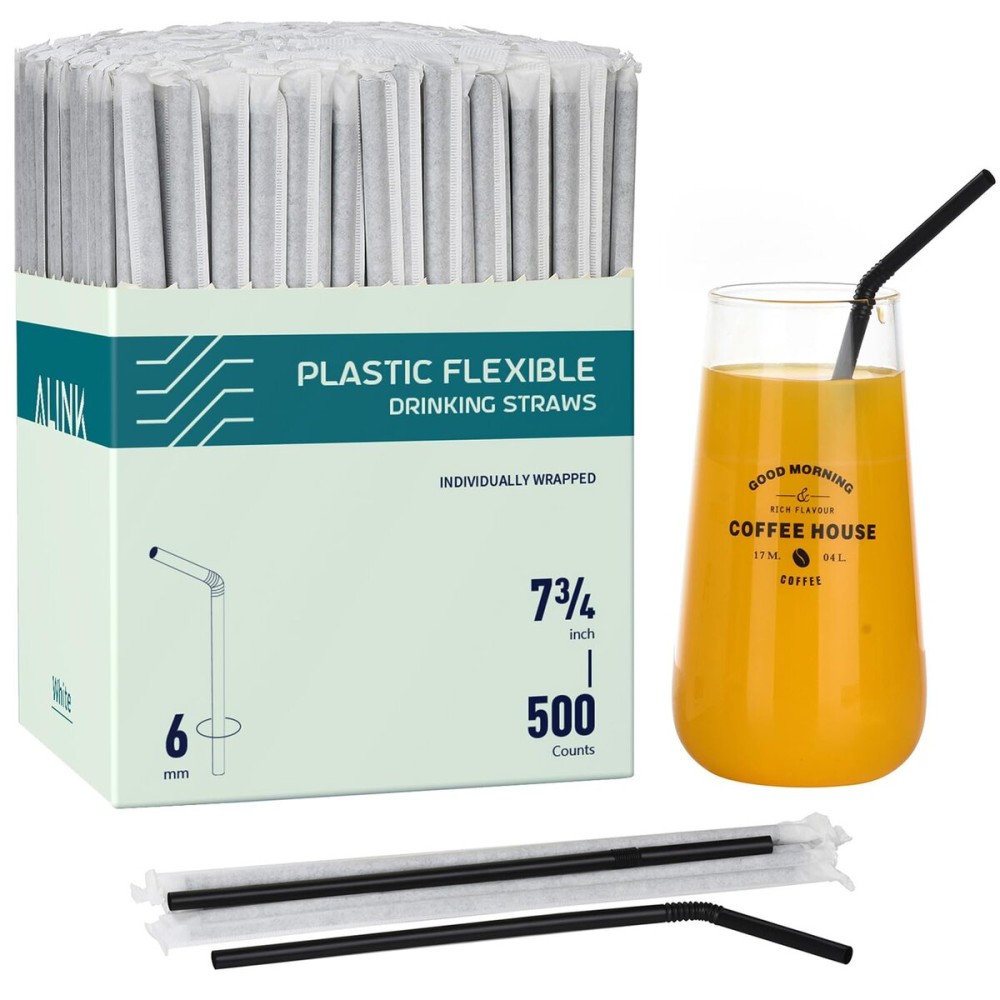 ALINK 500 Count Black Plastic Flexible Drinking Straws, Individually Wrapped Plastic Disposable Bendy Straws - 7.75 x 0.23