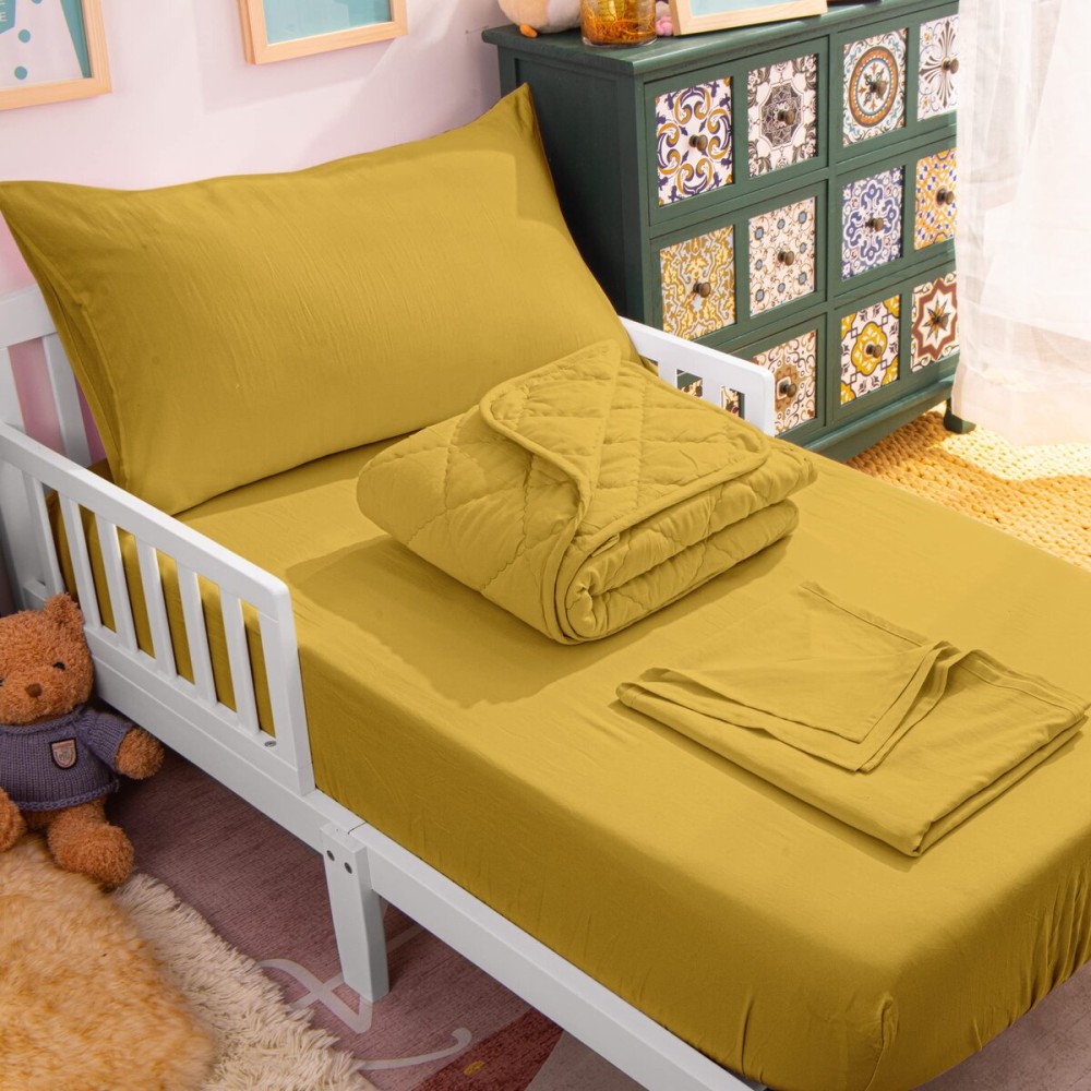 NTBAY Toddler Bedding Set - 4 Piece Soft and Breathable Crib Bedding Set for Boys and Girls, Includes Quilted Comforter, Fitted Sheet, Flat Top Sheet and Envelope Pillowcase, Yellow