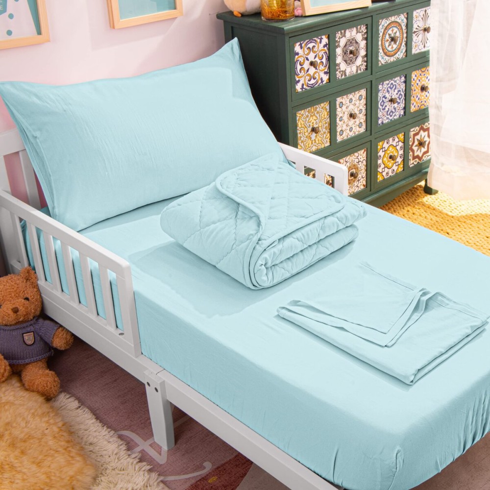 NTBAY Toddler Bedding Set - 4 Piece Soft and Breathable Crib Bedding Set for Boys and Girls, Includes Quilted Comforter, Fitted Sheet, Flat Top Sheet and Envelope Pillowcase, Aqua