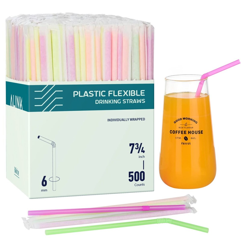 ALINK 500 Count Neon Plastic Flexible Drinking Straws, Individually Wrapped Plastic Disposable Bendy Party Straws - 7.75 x 0.23